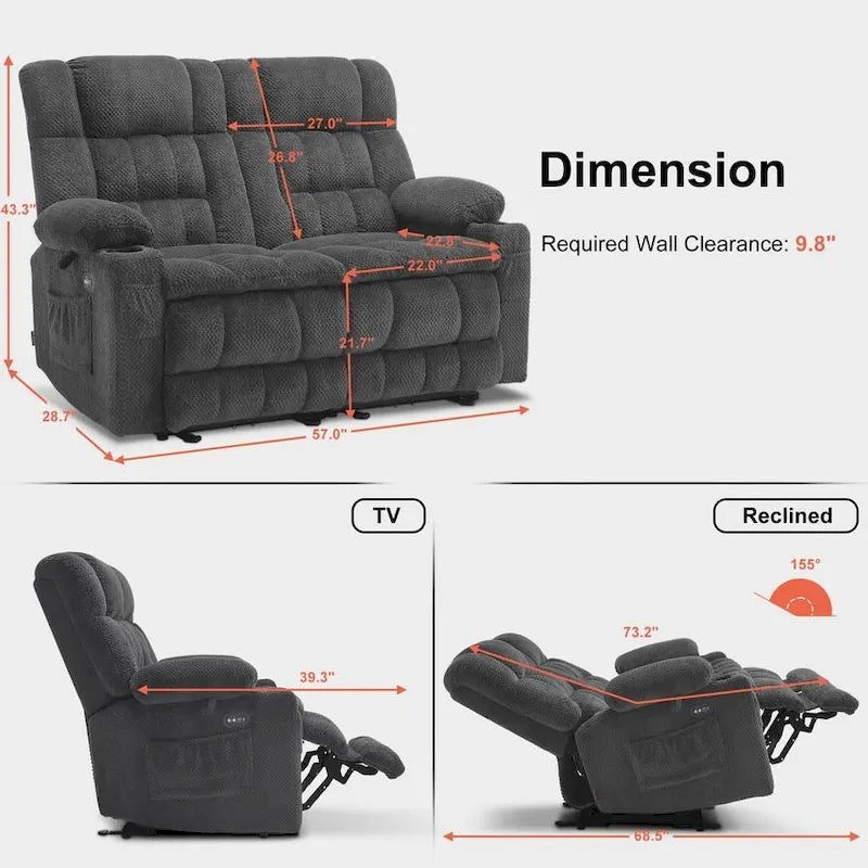 MCombo elektrischer Loveseat-Sessel, elektrisch verstellbares Loveseat-Sofa mit Wärme- und Vibrationsfunktion, Getränkehaltern und USB-Ladeanschlüssen RS6314