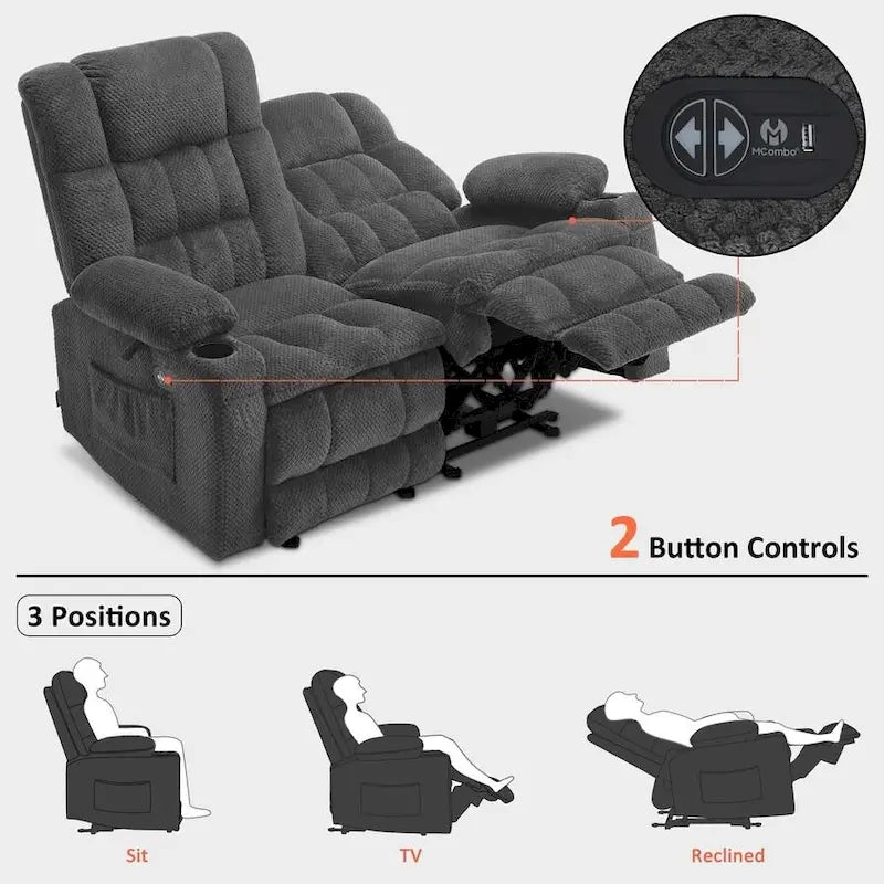 MCombo elektrischer Loveseat-Sessel, elektrisch verstellbares Loveseat-Sofa mit Wärme- und Vibrationsfunktion, Getränkehaltern und USB-Ladeanschlüssen RS6314