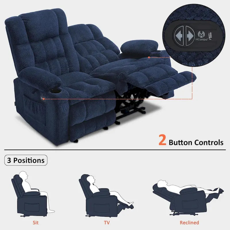 MCombo elektrischer Loveseat-Sessel, elektrisch verstellbares Loveseat-Sofa mit Wärme- und Vibrationsfunktion, Getränkehaltern und USB-Ladeanschlüssen RS6314