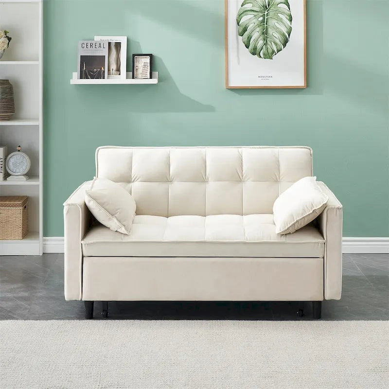 Fluwelen tweezitsbank met verstelbare rugleuning, sierkussens en opbergzakken