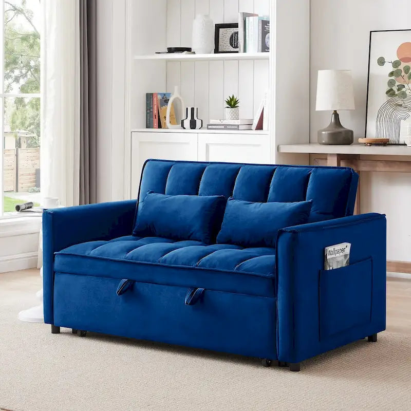 55,1-Zoll-3-in-1-umwandelbares modernes Doppelschlafsofa aus Samt mit verstellbarer Rückenlehne, Aufbewahrungstasche und Kissen