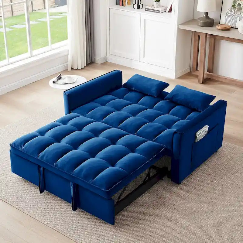 55,1-Zoll-3-in-1-umwandelbares modernes Doppelschlafsofa aus Samt mit verstellbarer Rückenlehne, Aufbewahrungstasche und Kissen