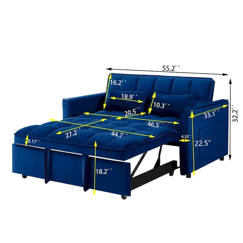 55,1-Zoll-3-in-1-umwandelbares modernes Doppelschlafsofa aus Samt mit verstellbarer Rückenlehne, Aufbewahrungstasche und Kissen