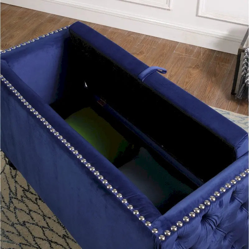Nowoczesna aksamitna pikowana sofa dwuosobowa z ozdobnymi ćwiekami i schowkiem
