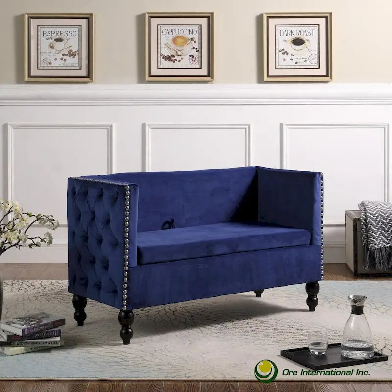 Nowoczesna aksamitna pikowana sofa dwuosobowa z ozdobnymi ćwiekami i schowkiem