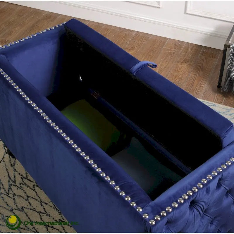 Nowoczesna aksamitna pikowana sofa dwuosobowa z ozdobnymi ćwiekami i schowkiem