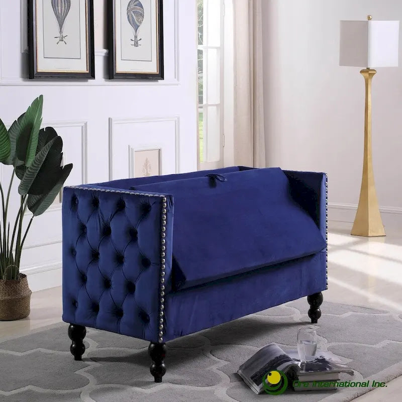 Nowoczesna aksamitna pikowana sofa dwuosobowa z ozdobnymi ćwiekami i schowkiem