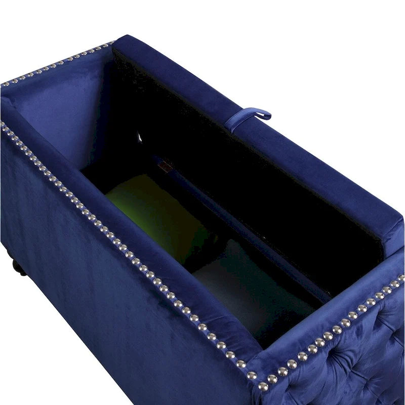 Nowoczesna aksamitna pikowana sofa dwuosobowa z ozdobnymi ćwiekami i schowkiem