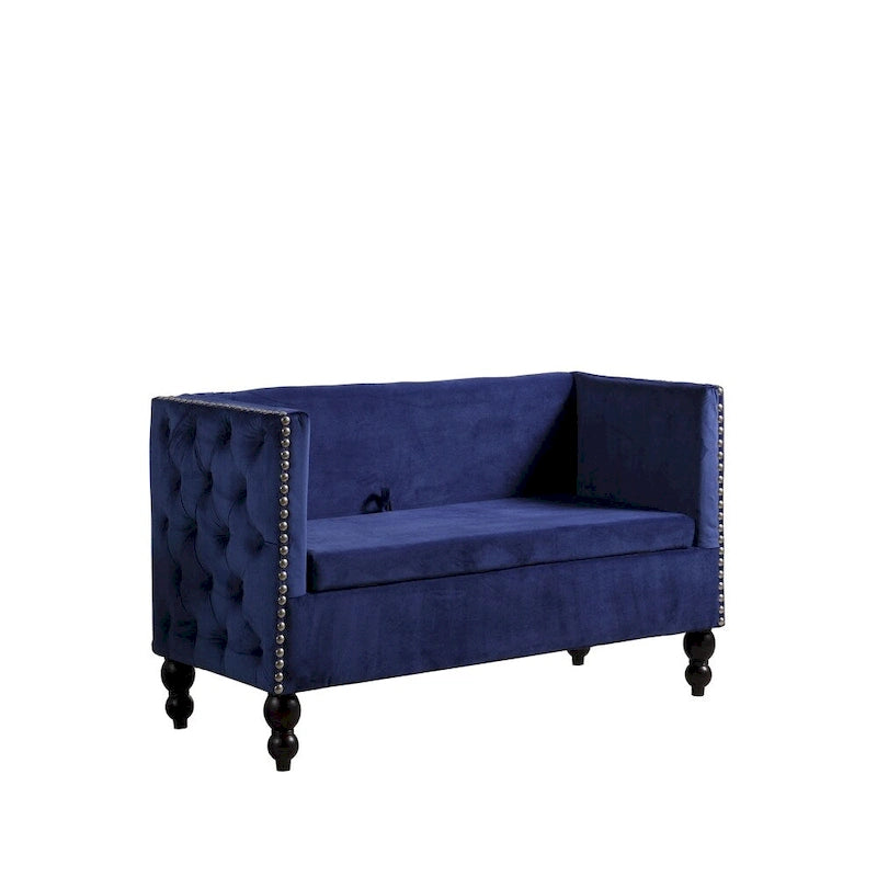 Nowoczesna aksamitna pikowana sofa dwuosobowa z ozdobnymi ćwiekami i schowkiem