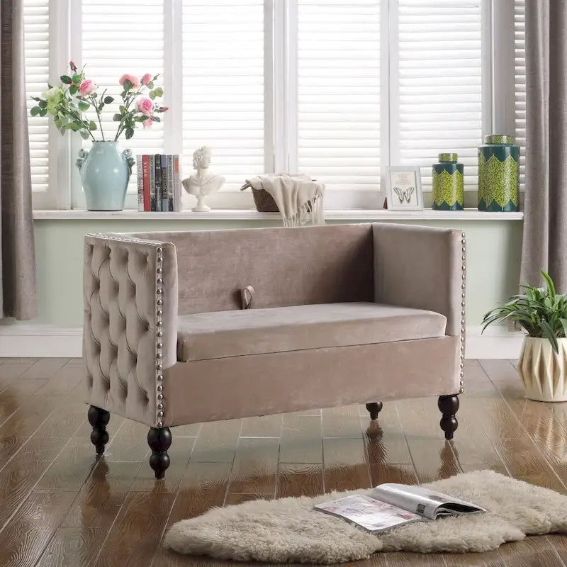 Nowoczesna aksamitna pikowana sofa dwuosobowa z ozdobnymi ćwiekami i schowkiem