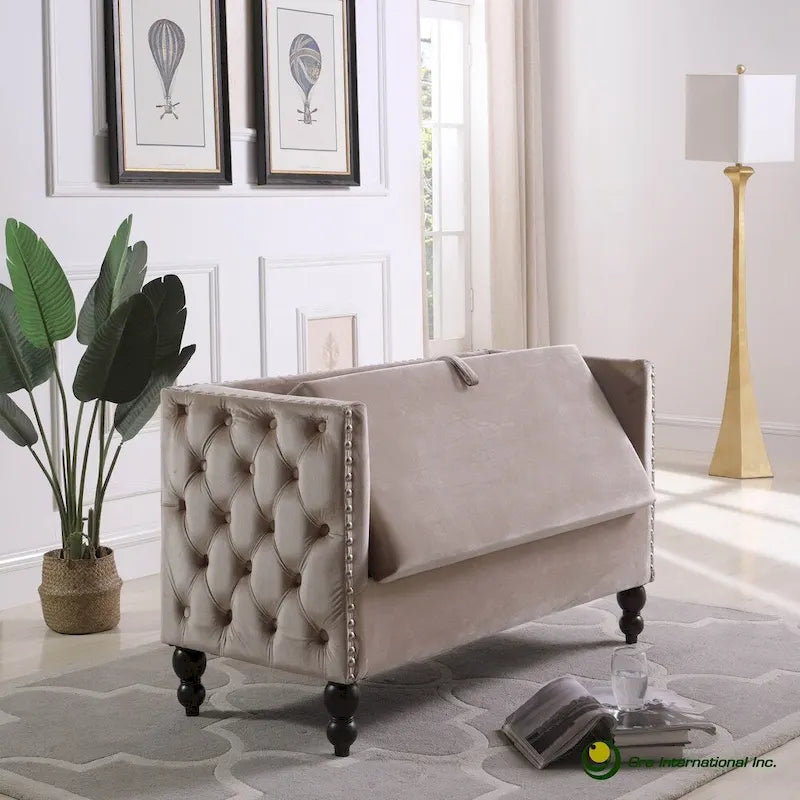 Nowoczesna aksamitna pikowana sofa dwuosobowa z ozdobnymi ćwiekami i schowkiem