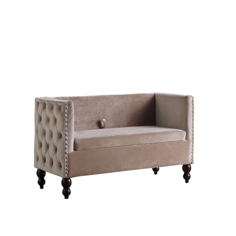 Nowoczesna aksamitna pikowana sofa dwuosobowa z ozdobnymi ćwiekami i schowkiem