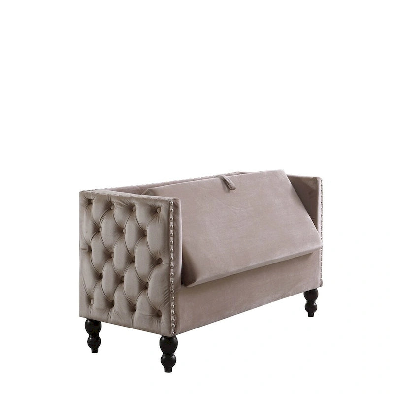 Nowoczesna aksamitna pikowana sofa dwuosobowa z ozdobnymi ćwiekami i schowkiem