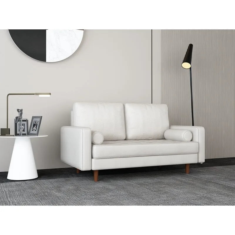 Divanetto in pelle con braccioli squadrati in stile Mid-Century, larghezza 59
