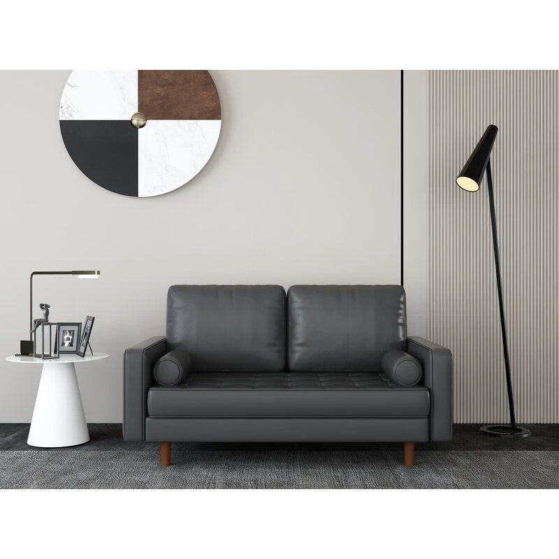 Divanetto in pelle con braccioli squadrati in stile Mid-Century, larghezza 59