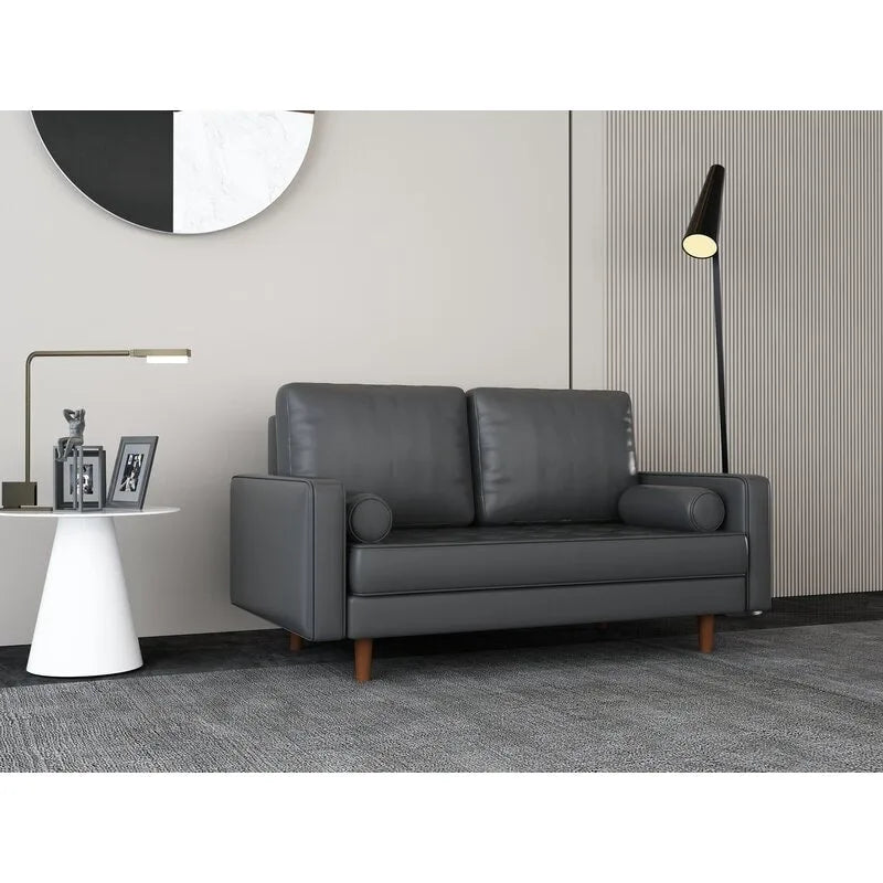 Divanetto in pelle con braccioli squadrati in stile Mid-Century, larghezza 59