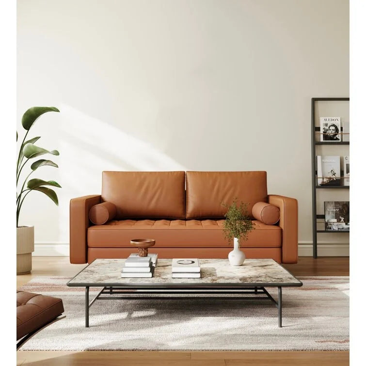 Divanetto in pelle con braccioli squadrati in stile Mid-Century, larghezza 59