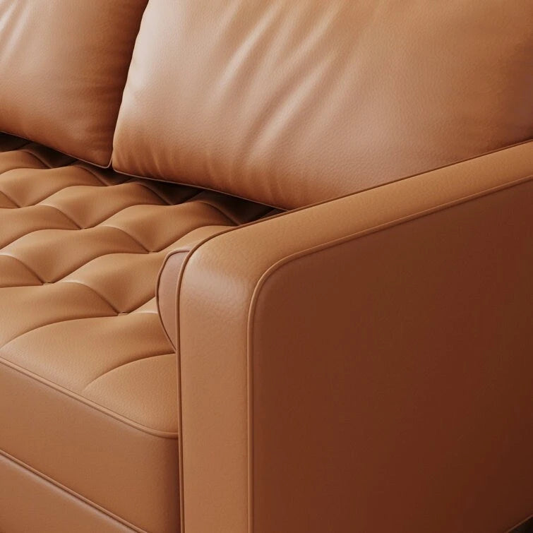 Divanetto in pelle con braccioli squadrati in stile Mid-Century, larghezza 59