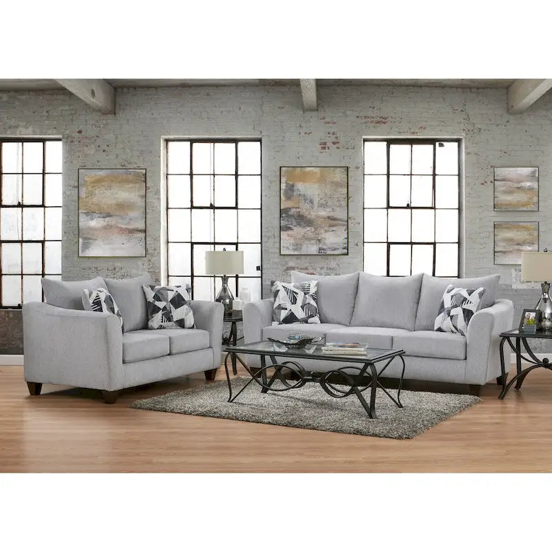 Dwuczęściowy zestaw mebli do salonu Duleek marki Roundhill Furniture: kanapa i dwuosobowa sofa, srebrny wzór jodełki
