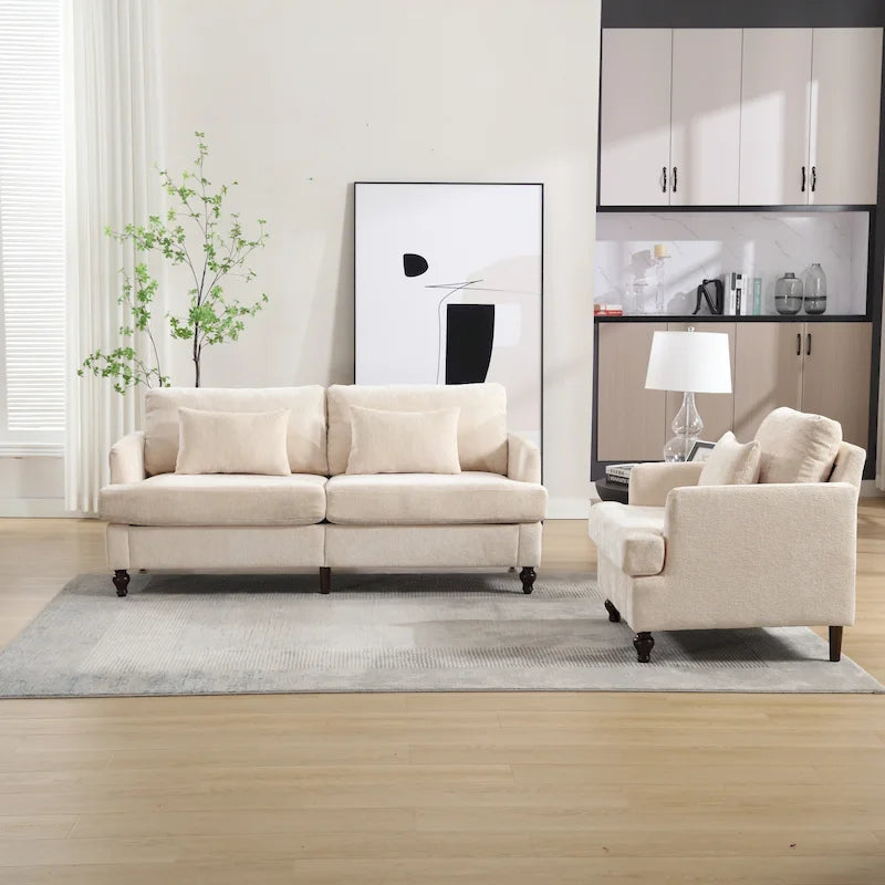 HOMEFUN Chenille Upholstered Wood Frame Loveseat with Armchair for Living Room