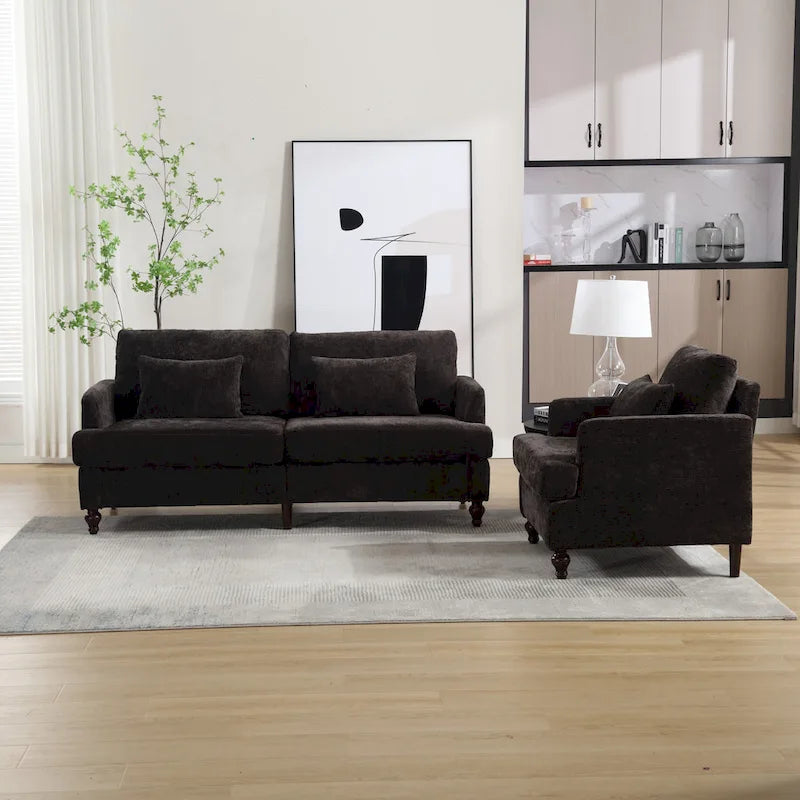 HOMEFUN Chenille Upholstered Wood Frame Loveseat with Armchair for Living Room