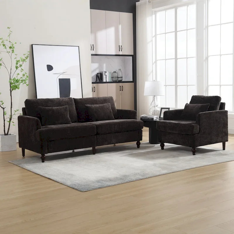 HOMEFUN Chenille Upholstered Wood Frame Loveseat with Armchair for Living Room