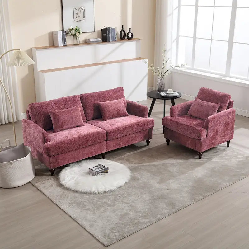 HOMEFUN Chenille Upholstered Wood Frame Loveseat with Armchair for Living Room