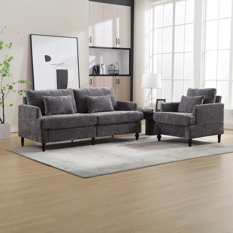 HOMEFUN Chenille Upholstered Wood Frame Loveseat with Armchair for Living Room
