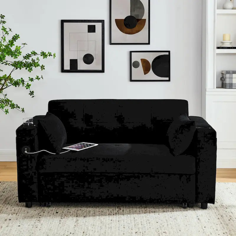 Sofá cama de 2 plazas con toma de corriente USB, bolsillos laterales y almohada lumbar