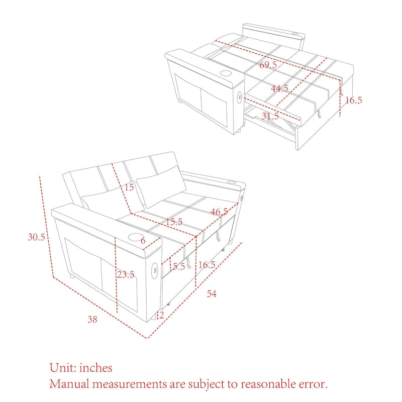 Sofá cama de 2 plazas con toma de corriente USB, bolsillos laterales y almohada lumbar