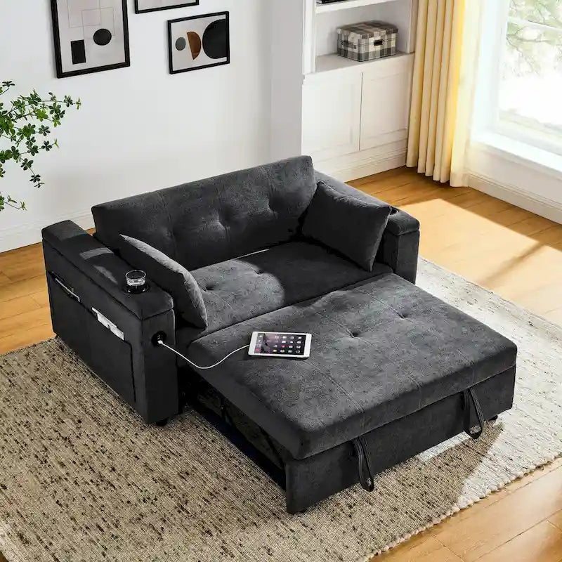 Sofá cama de 2 plazas con toma de corriente USB, bolsillos laterales y almohada lumbar