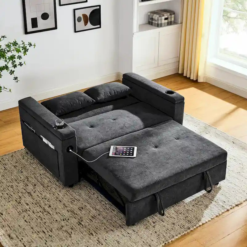 Sofá cama de 2 plazas con toma de corriente USB, bolsillos laterales y almohada lumbar