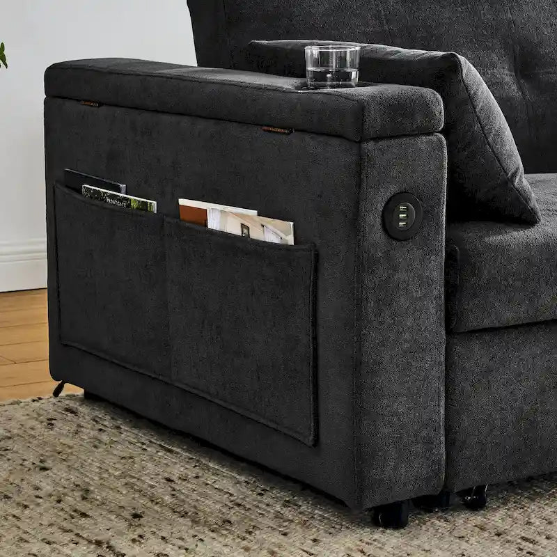 Sofá cama de 2 plazas con toma de corriente USB, bolsillos laterales y almohada lumbar