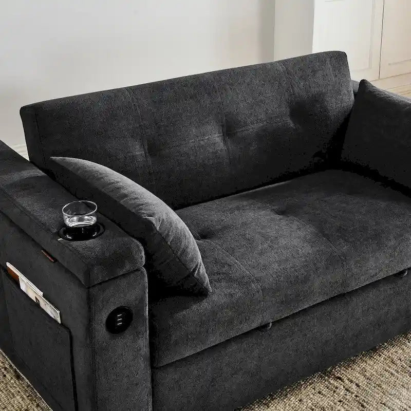 Sofá cama de 2 plazas con toma de corriente USB, bolsillos laterales y almohada lumbar