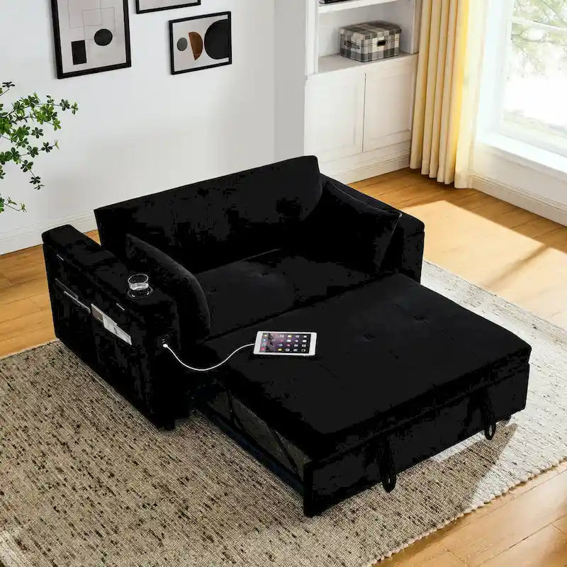 Sofá cama de 2 plazas con toma de corriente USB, bolsillos laterales y almohada lumbar