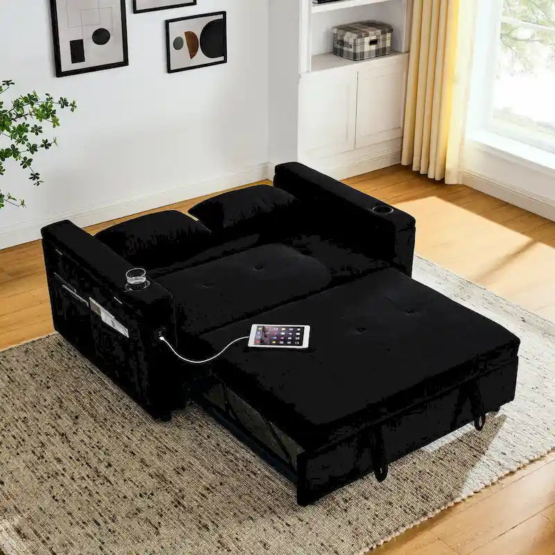 Sofá cama de 2 plazas con toma de corriente USB, bolsillos laterales y almohada lumbar