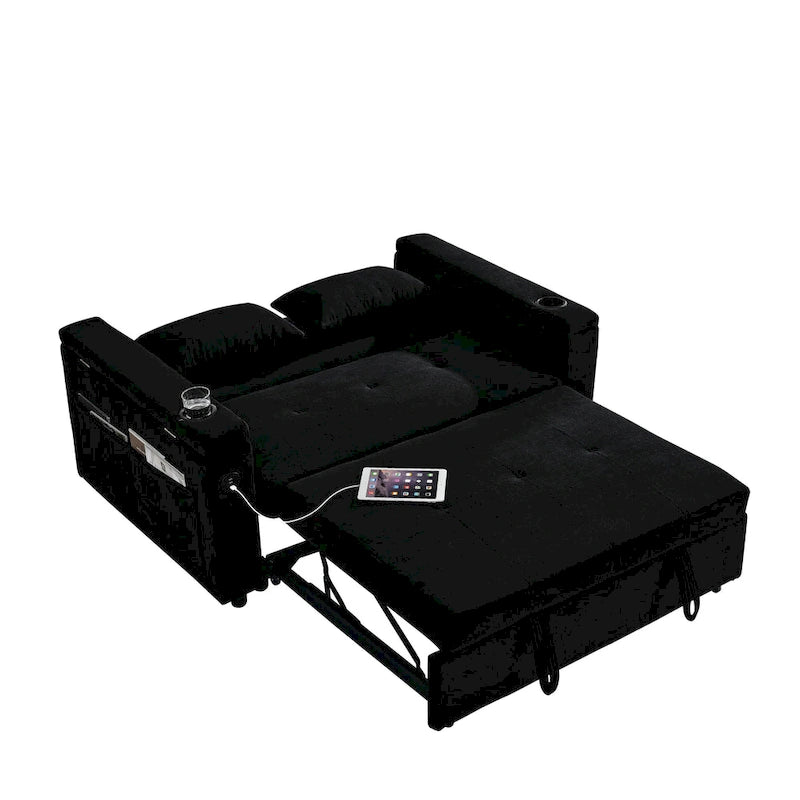 Sofá cama de 2 plazas con toma de corriente USB, bolsillos laterales y almohada lumbar