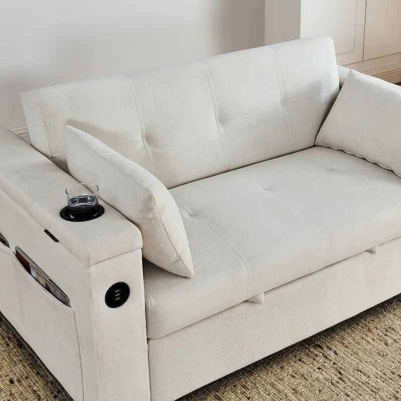 Sofá cama de 2 plazas con toma de corriente USB, bolsillos laterales y almohada lumbar
