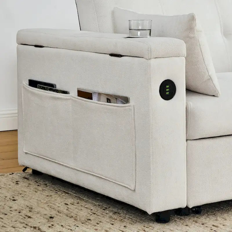 Sofá cama de 2 plazas con toma de corriente USB, bolsillos laterales y almohada lumbar