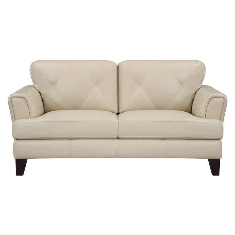 Lisa loveseat van 71 inch, crème topnerfleer en splitleer, bruin massief hout