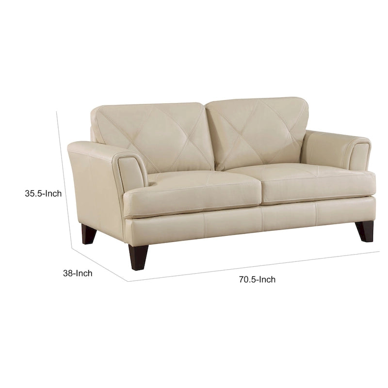 Lisa loveseat van 71 inch, crème topnerfleer en splitleer, bruin massief hout