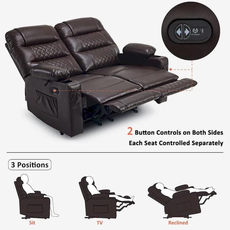 Elektrischer Relax-Zweisitzer MCombo, elektrisch verstellbares Sofa mit Wärme- und Vibrationsfunktion, USB-Anschlüssen und Getränkehaltern PR622
