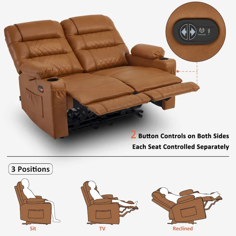 Elektrischer Relax-Zweisitzer MCombo, elektrisch verstellbares Sofa mit Wärme- und Vibrationsfunktion, USB-Anschlüssen und Getränkehaltern PR622