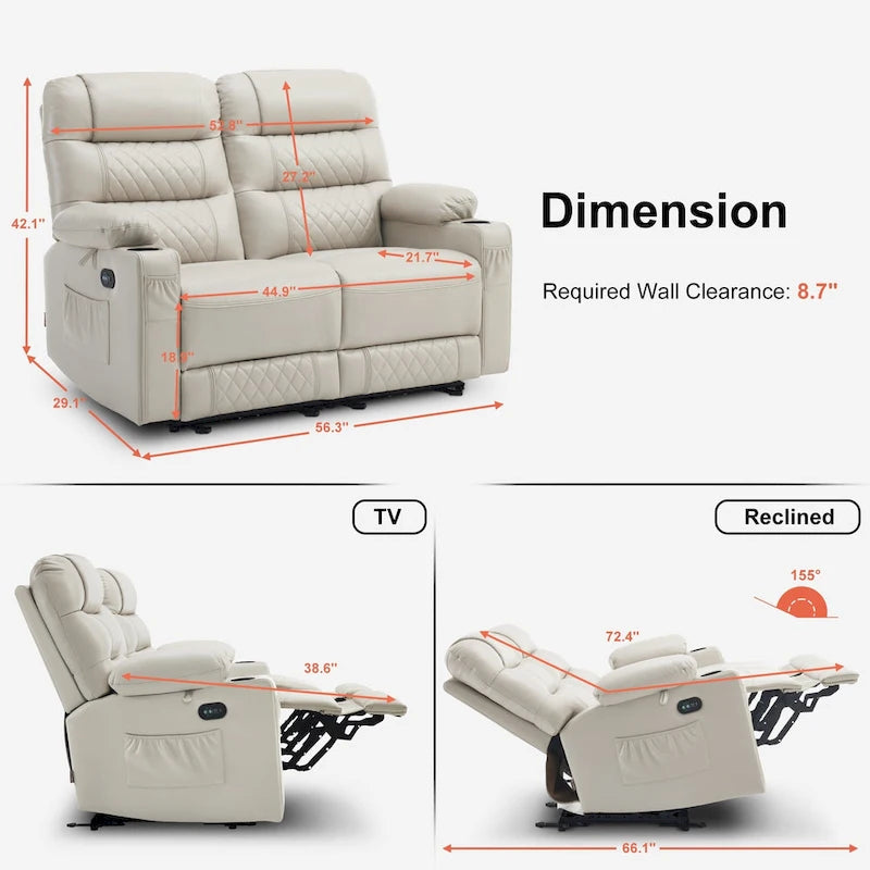 Elektrischer Relax-Zweisitzer MCombo, elektrisch verstellbares Sofa mit Wärme- und Vibrationsfunktion, USB-Anschlüssen und Getränkehaltern PR622