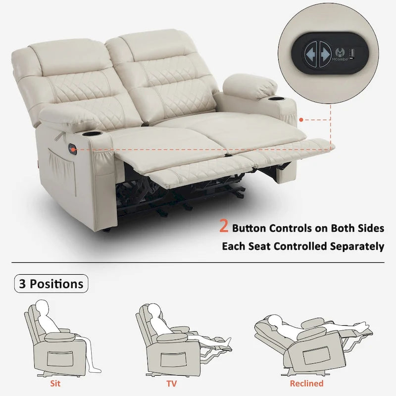 Elektrischer Relax-Zweisitzer MCombo, elektrisch verstellbares Sofa mit Wärme- und Vibrationsfunktion, USB-Anschlüssen und Getränkehaltern PR622