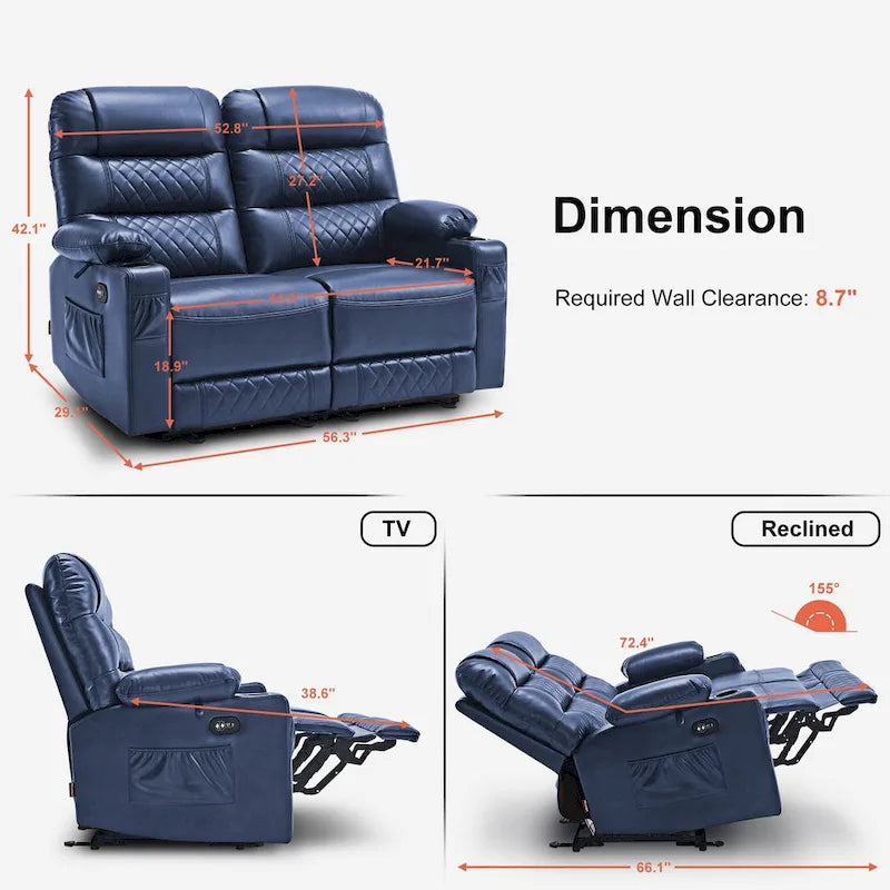 Elektrischer Relax-Zweisitzer MCombo, elektrisch verstellbares Sofa mit Wärme- und Vibrationsfunktion, USB-Anschlüssen und Getränkehaltern PR622