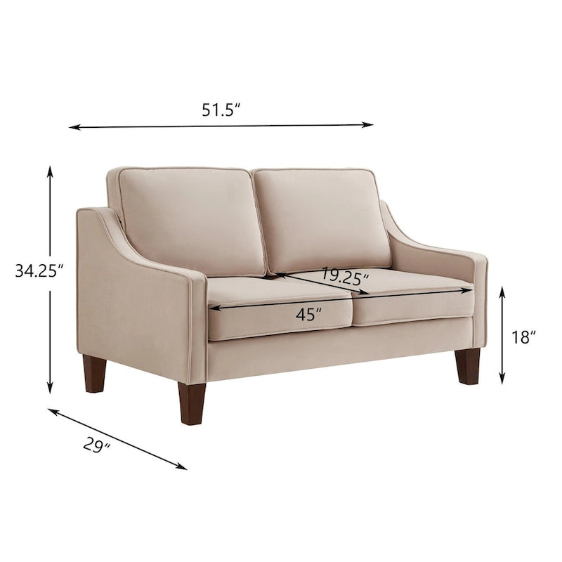 Moderne tweezitsbank voor de woonkamer, kleine bank met fluwelen bekleding - 51.5L x 29 W x 34.25 H, zithoogte: 18