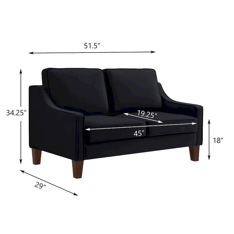 Moderne tweezitsbank voor de woonkamer, kleine bank met fluwelen bekleding - 51.5L x 29 W x 34.25 H, zithoogte: 18
