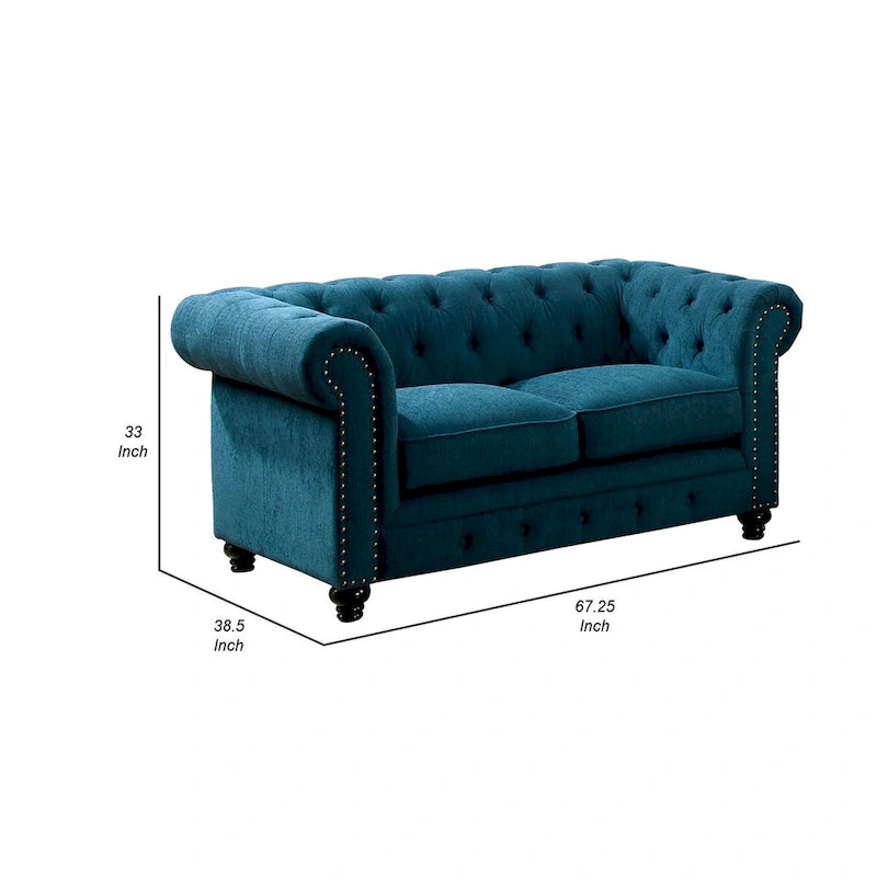 Loveseat mit geknöpfter Rückenlehne und abgerundeten Armlehnen im Roll-Design, Blau
