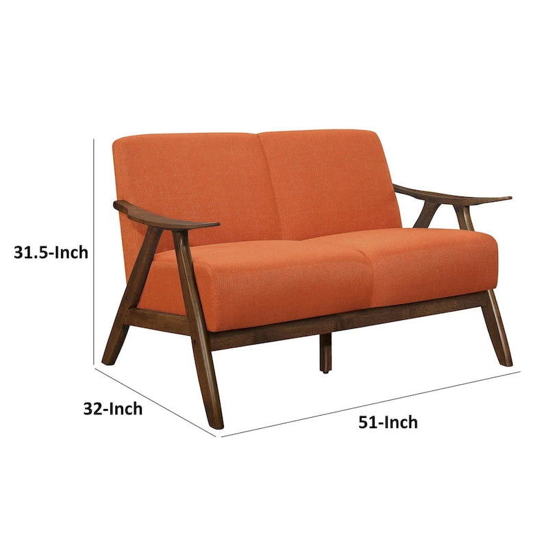 Indy-Zweisitzer, 51 Inch, abgewinkeltes Gestell aus braunem Holz, orangefarbener Strukturstoff